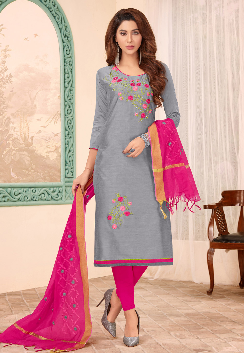 Grey Cotton Churidar Salwar Kameez 183338