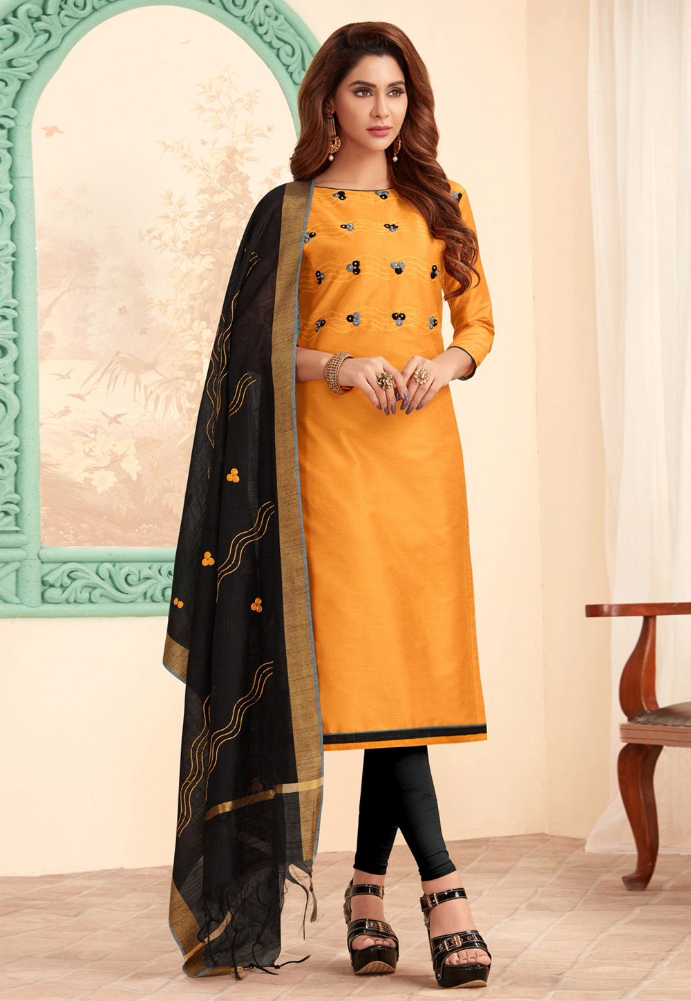 Light Orange Cotton Churidar Suit 183339