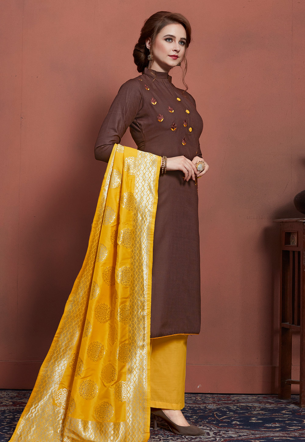 Brown Cotton Palazzo Suit 183407