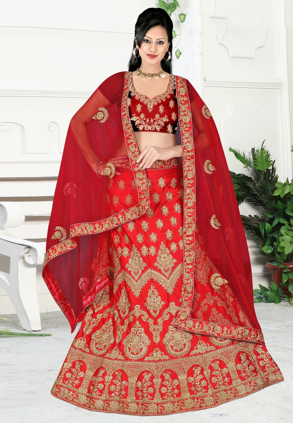 Red Satin Bridal Lehenga Choli 184269
