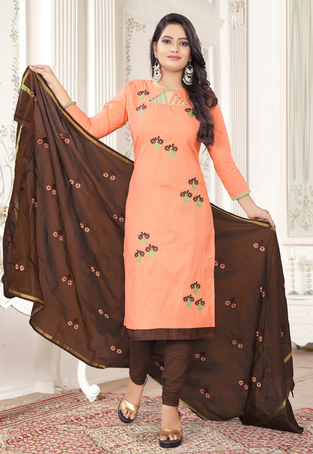 Peach Cotton Churidar Suit 189533