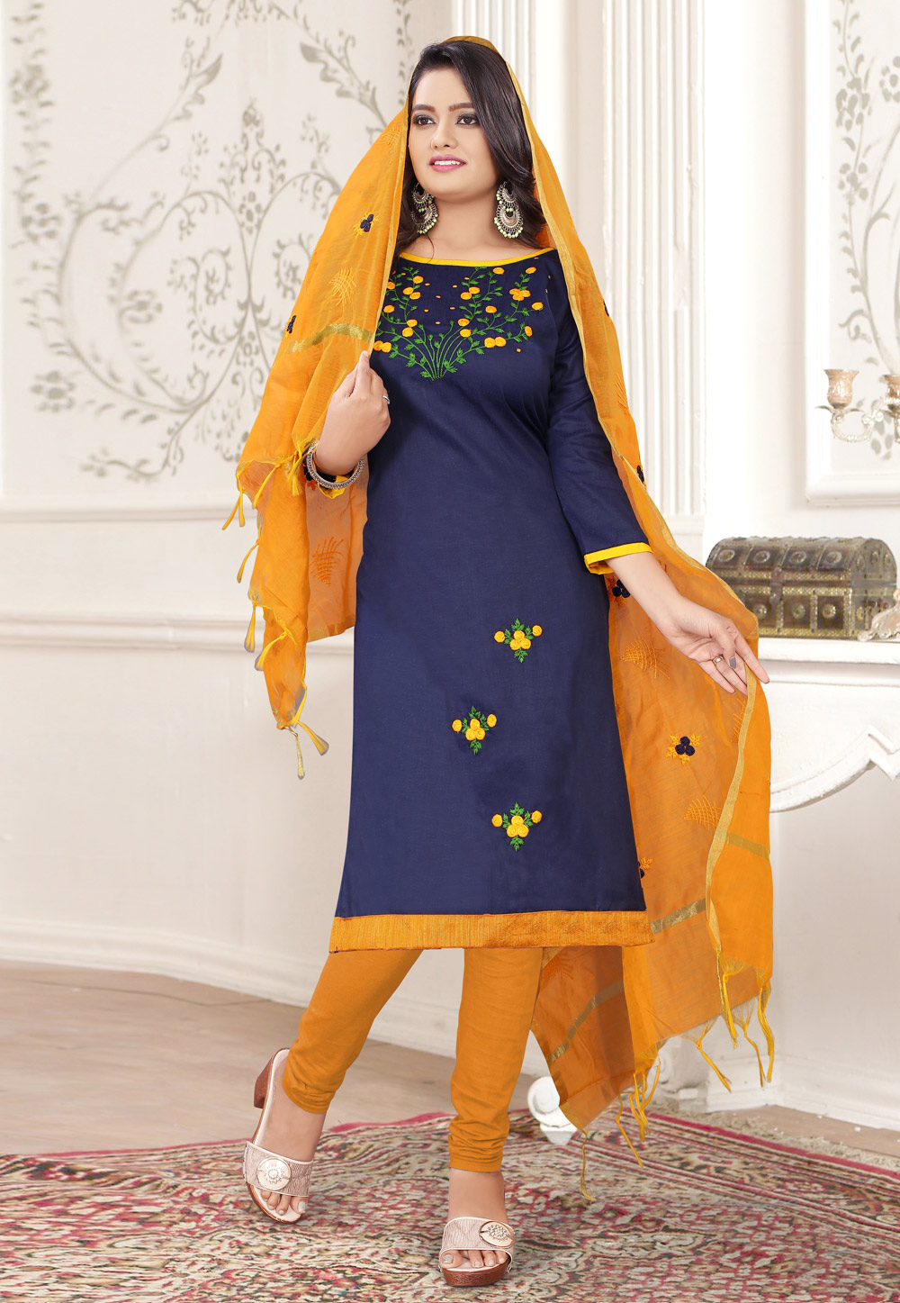 Navy Blue Cotton Churidar Suit 189535
