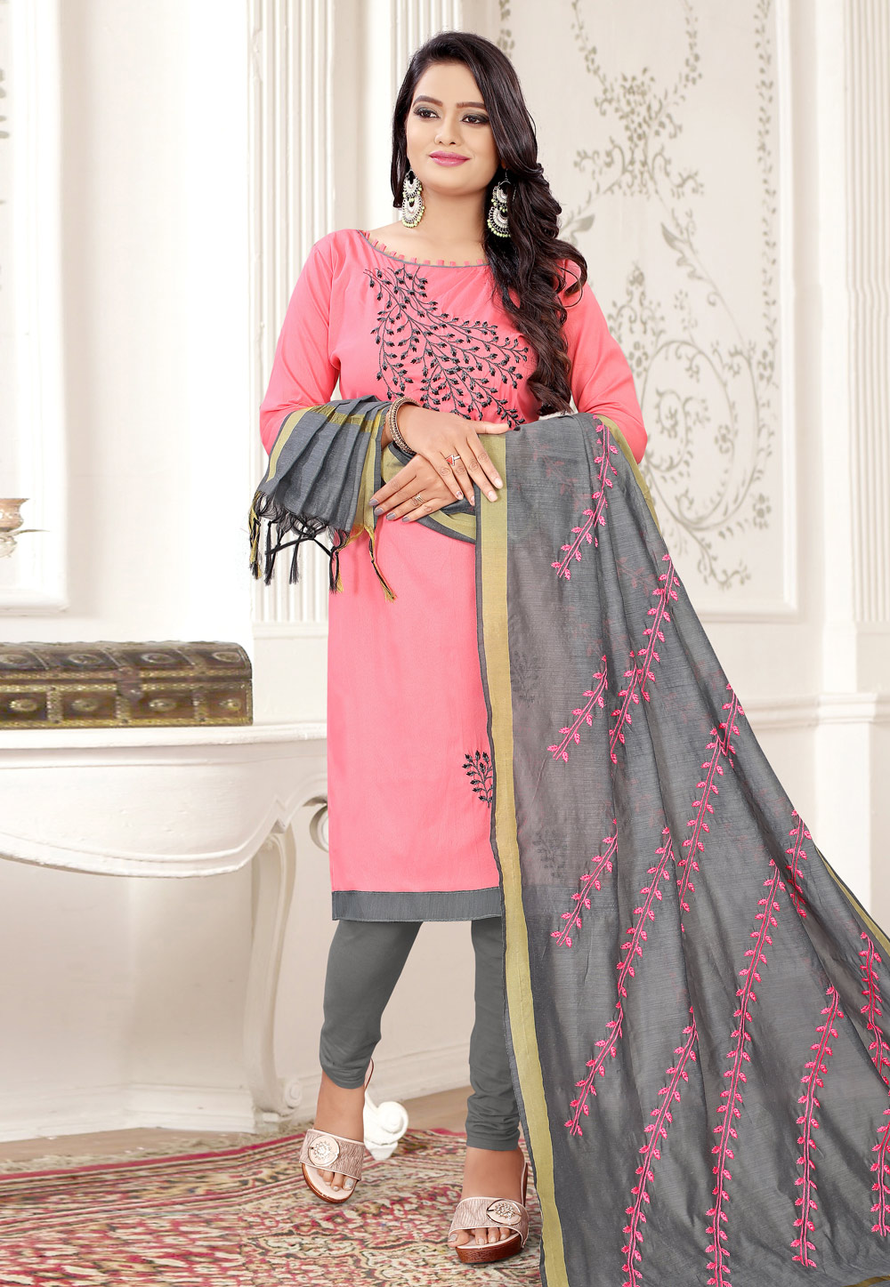 Pink Cotton Churidar Suit 189537