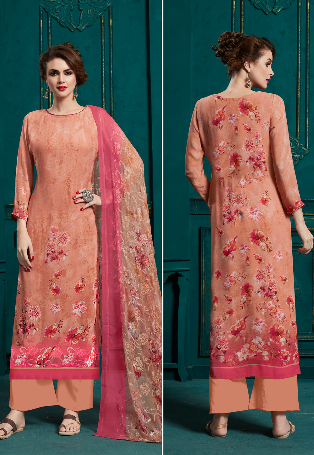 Peach Georgette Kameez With Palazzo 189975