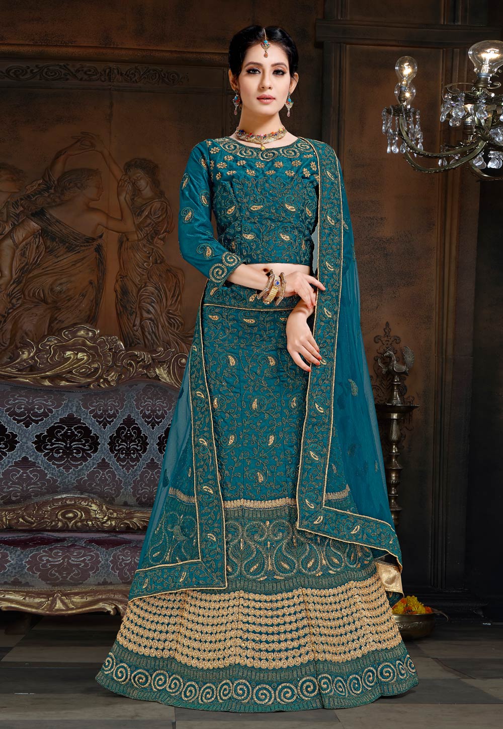 Blue Satin A Line Lehenga Choli 189665