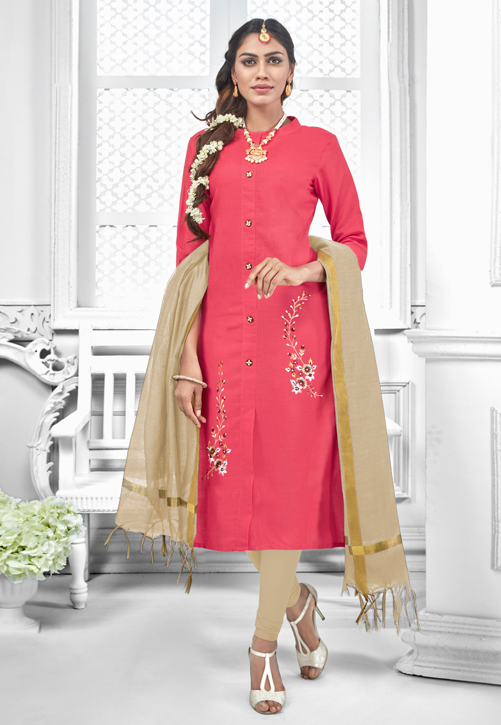 Pink Cotton Churidar Suit 192386