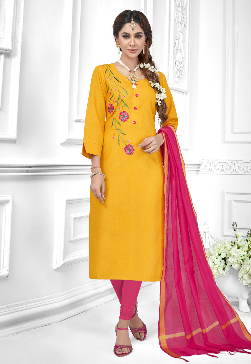 Yellow Cotton Churidar Salwar Kameez 192389