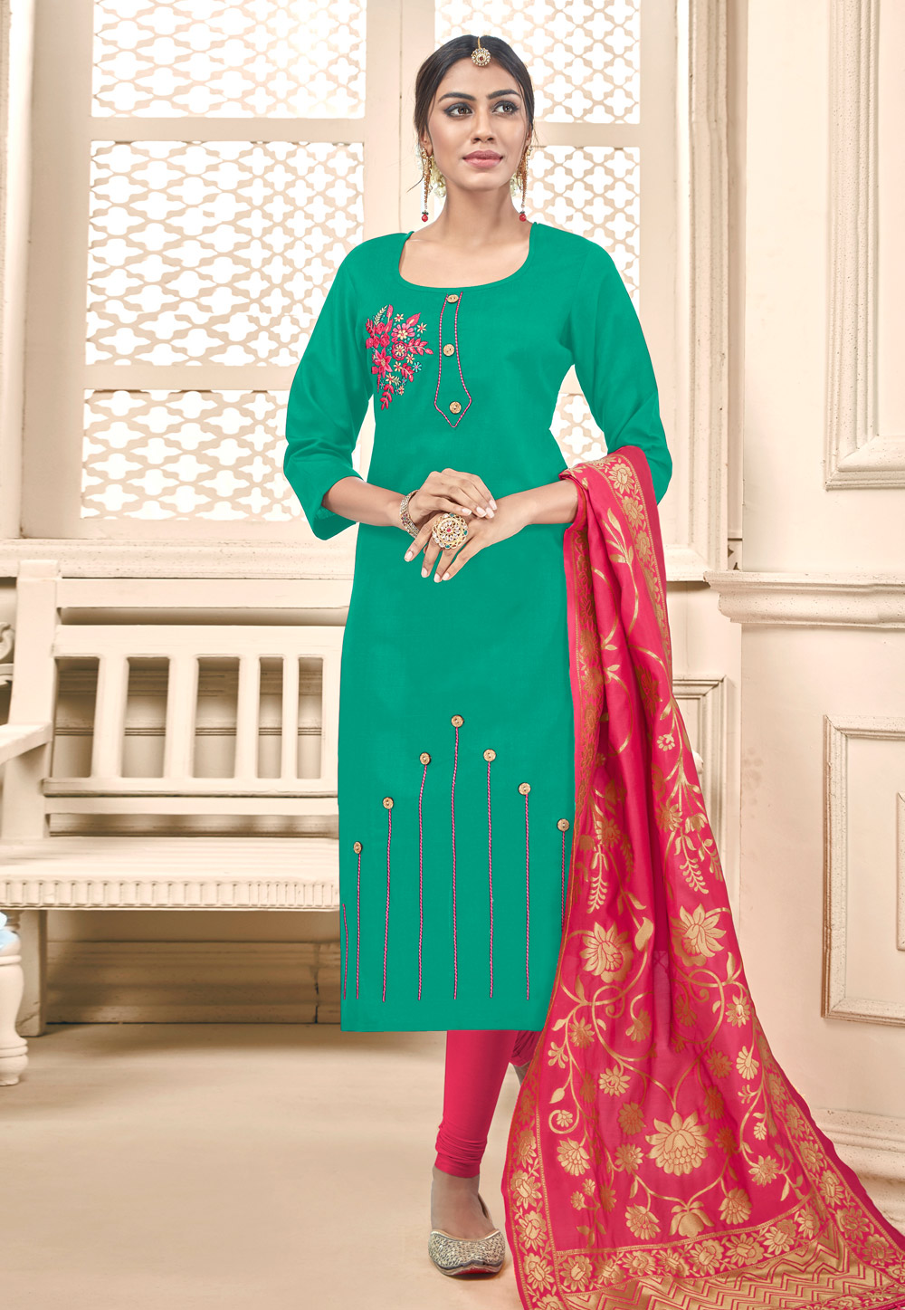 Sea Green Cotton Churidar Suit 192572