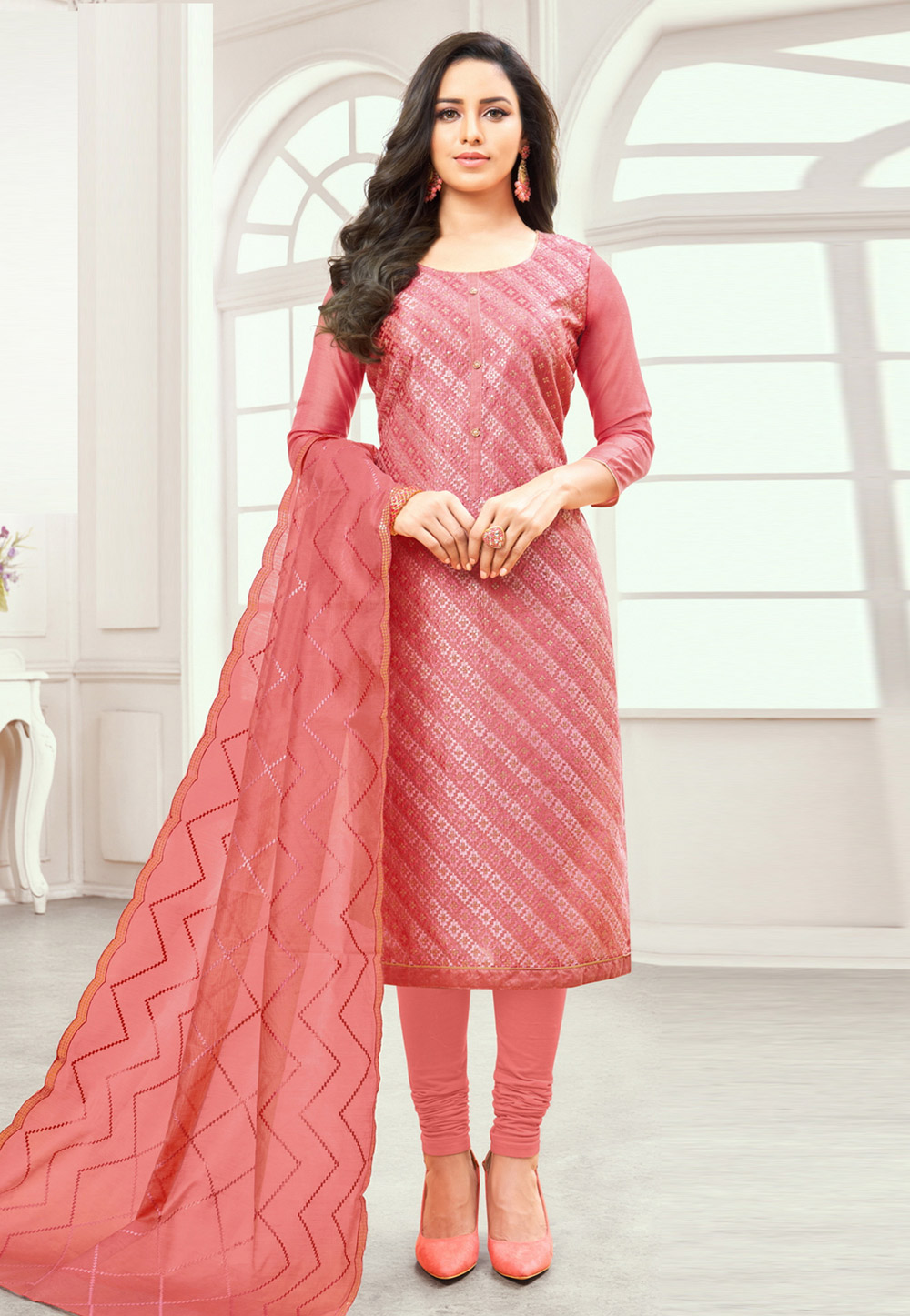 Pink Cotton Churidar Suit 192478