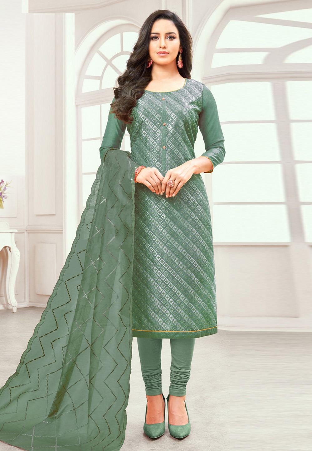 Sea Green Cotton Churidar Salwar Kameez 192481