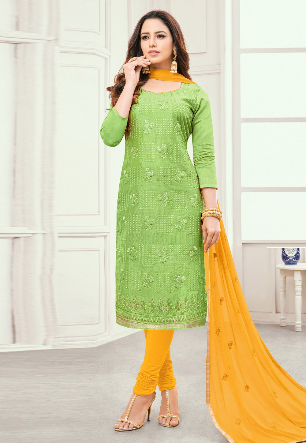 Green Cotton Churidar Suit 192488