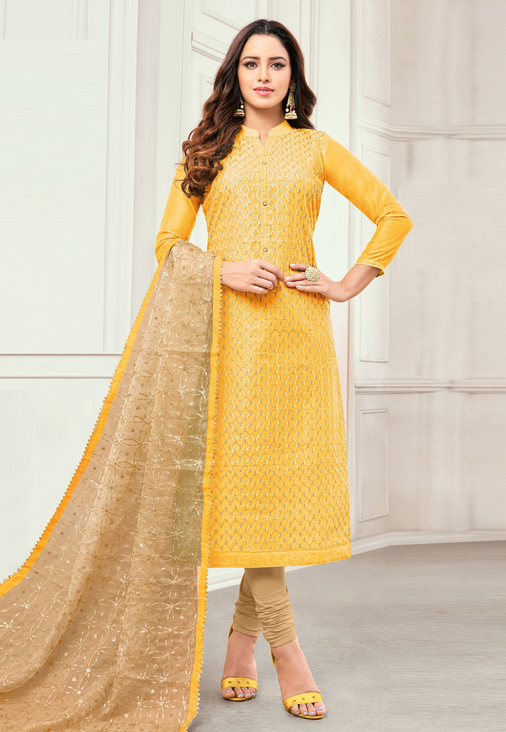 Yellow Satin Churidar Salwar Kameez 192673