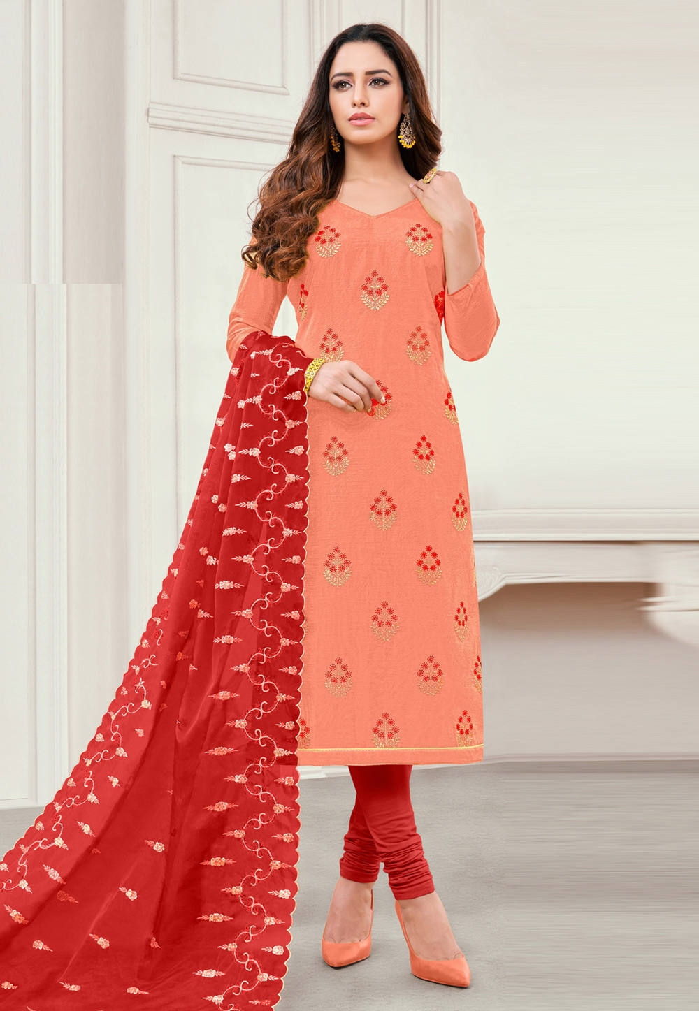 Peach Satin Churidar Salwar Kameez 192683