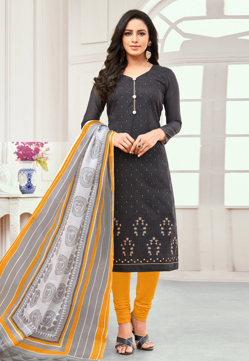 Dark Grey Chanderi Churidar Suit 192865