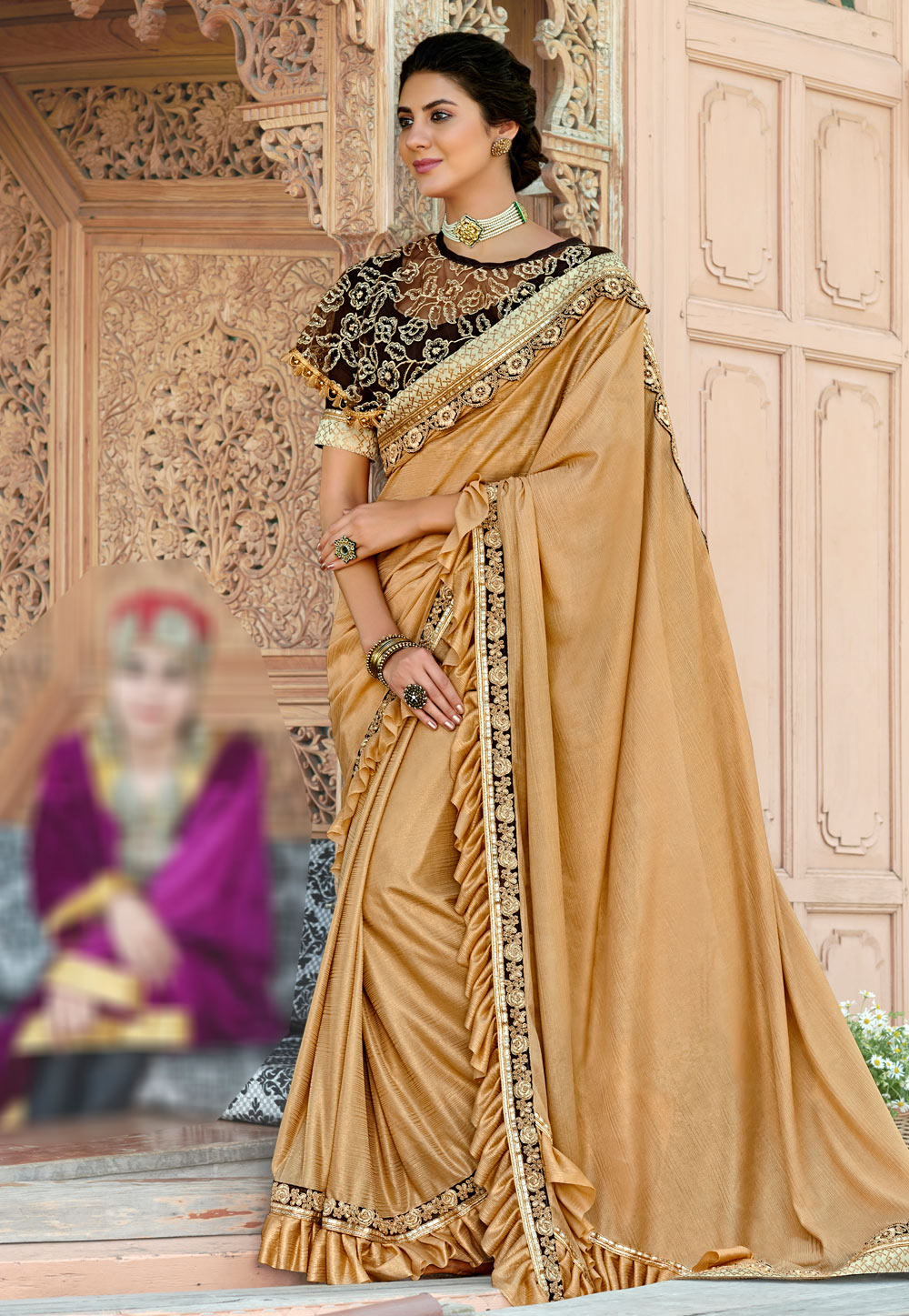 Beige Lycra Festival Wear Saree With Cape 193091