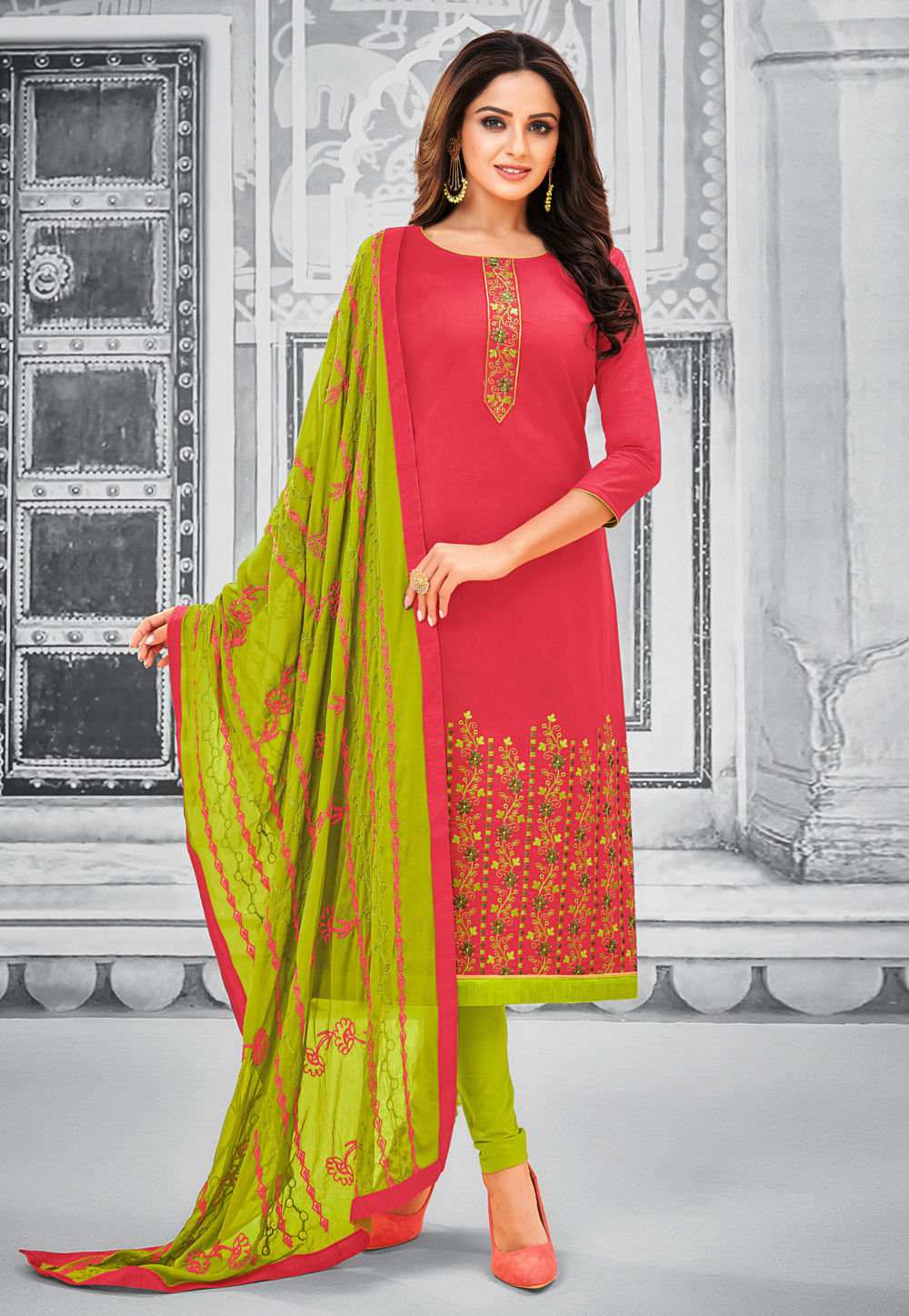 Pink Cotton Churidar Salwar Kameez 195500