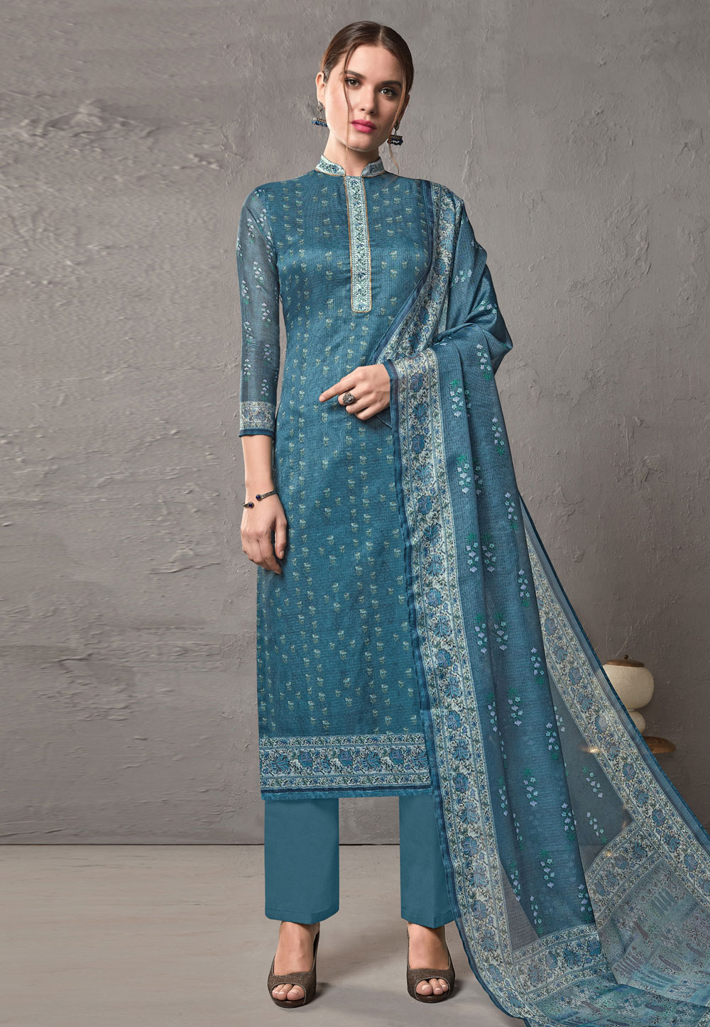 Blue Cotton Printed Palazzo Suit 197072