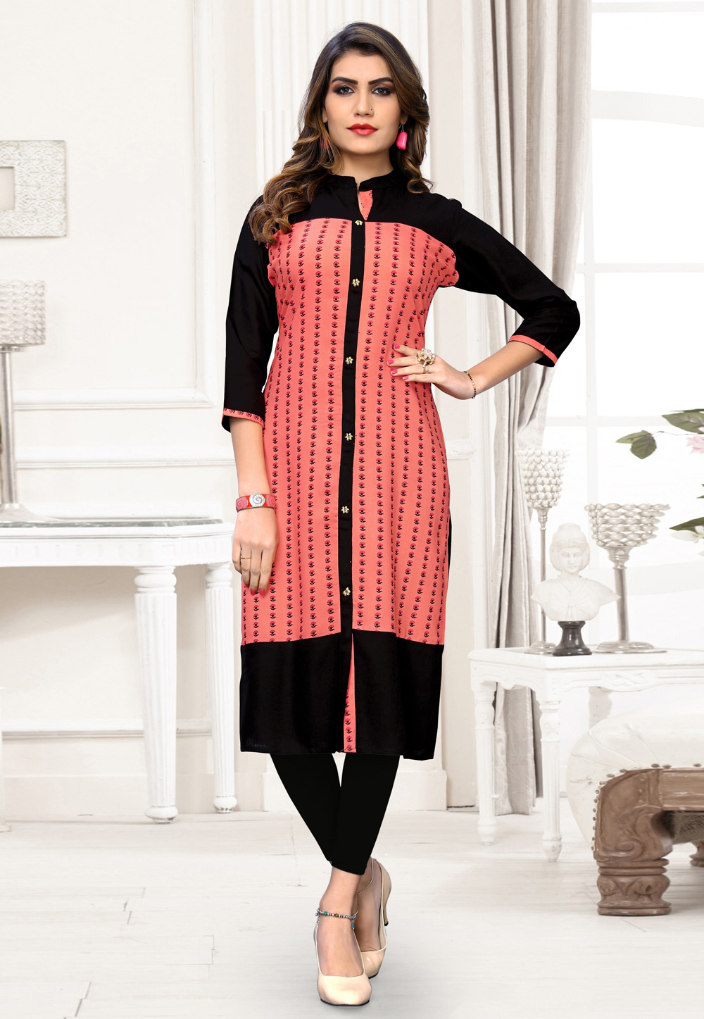 Pink Rayon Readymade Printed Kurti 199126