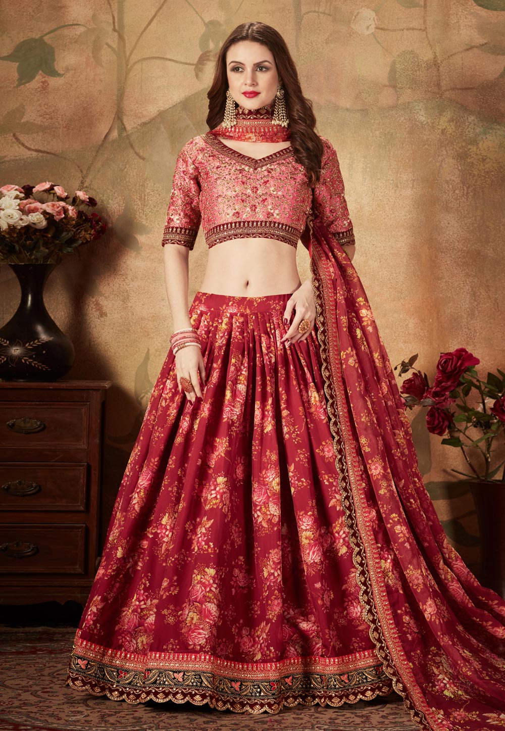 Maroon Organza Circular Lehenga Choli 212119