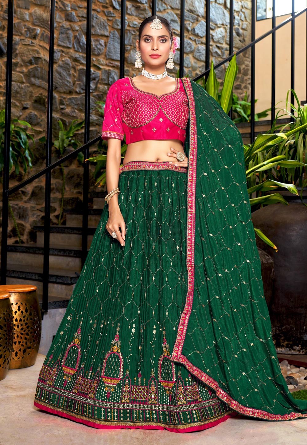 Green Chinon Circular Lehenga Choli 268026