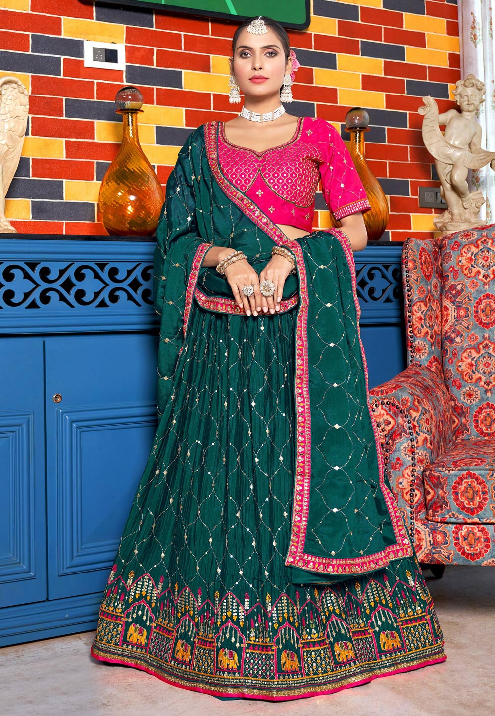 Teal Chinon Circular Lehenga Choli 268028