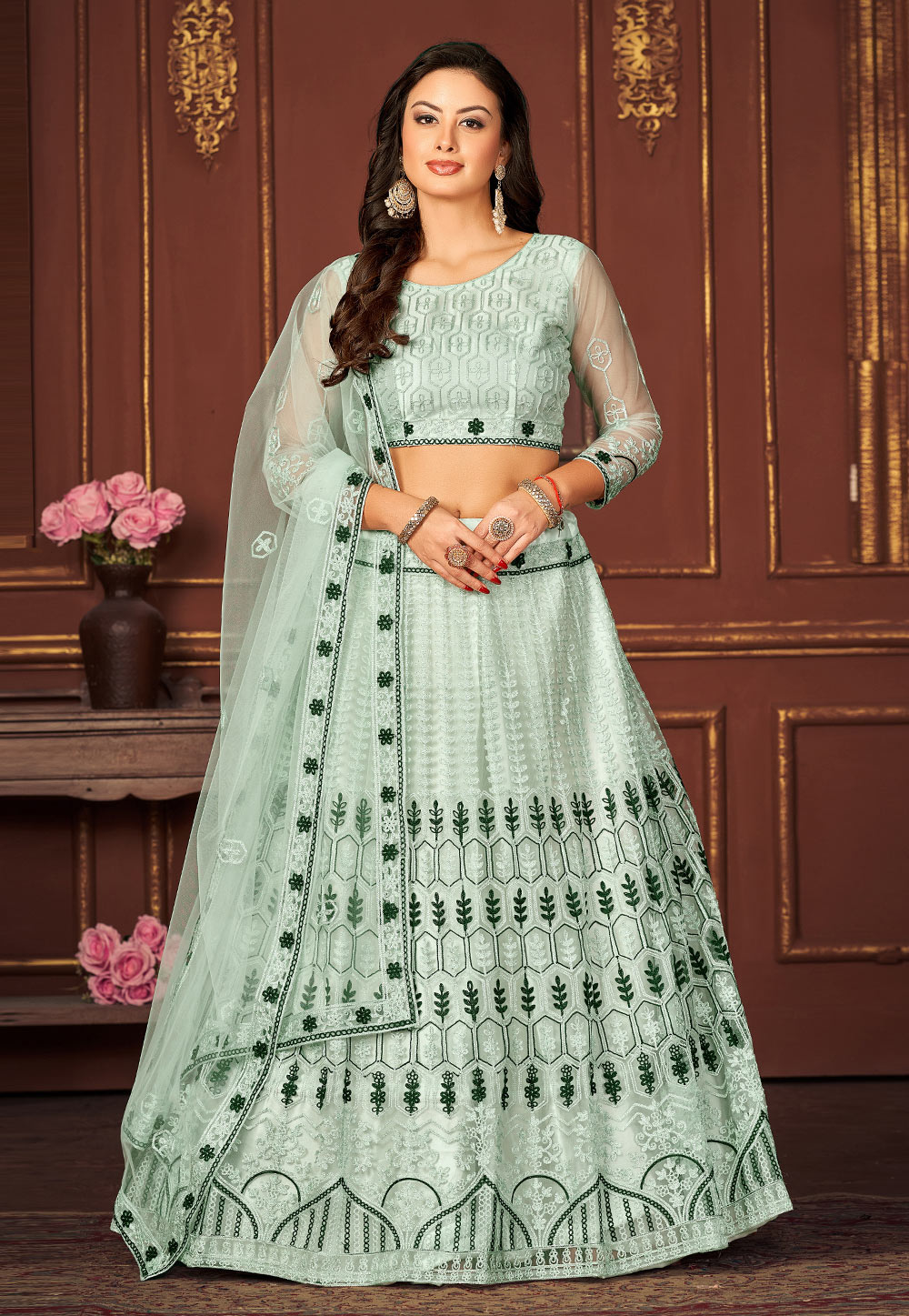 Sea Green Net Lehenga Choli 275619