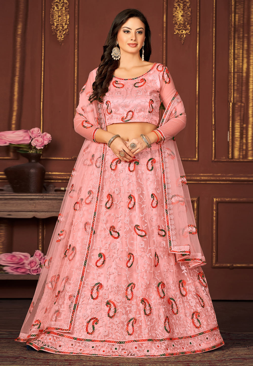 Pink Net Circular Lehenga Choli 275620