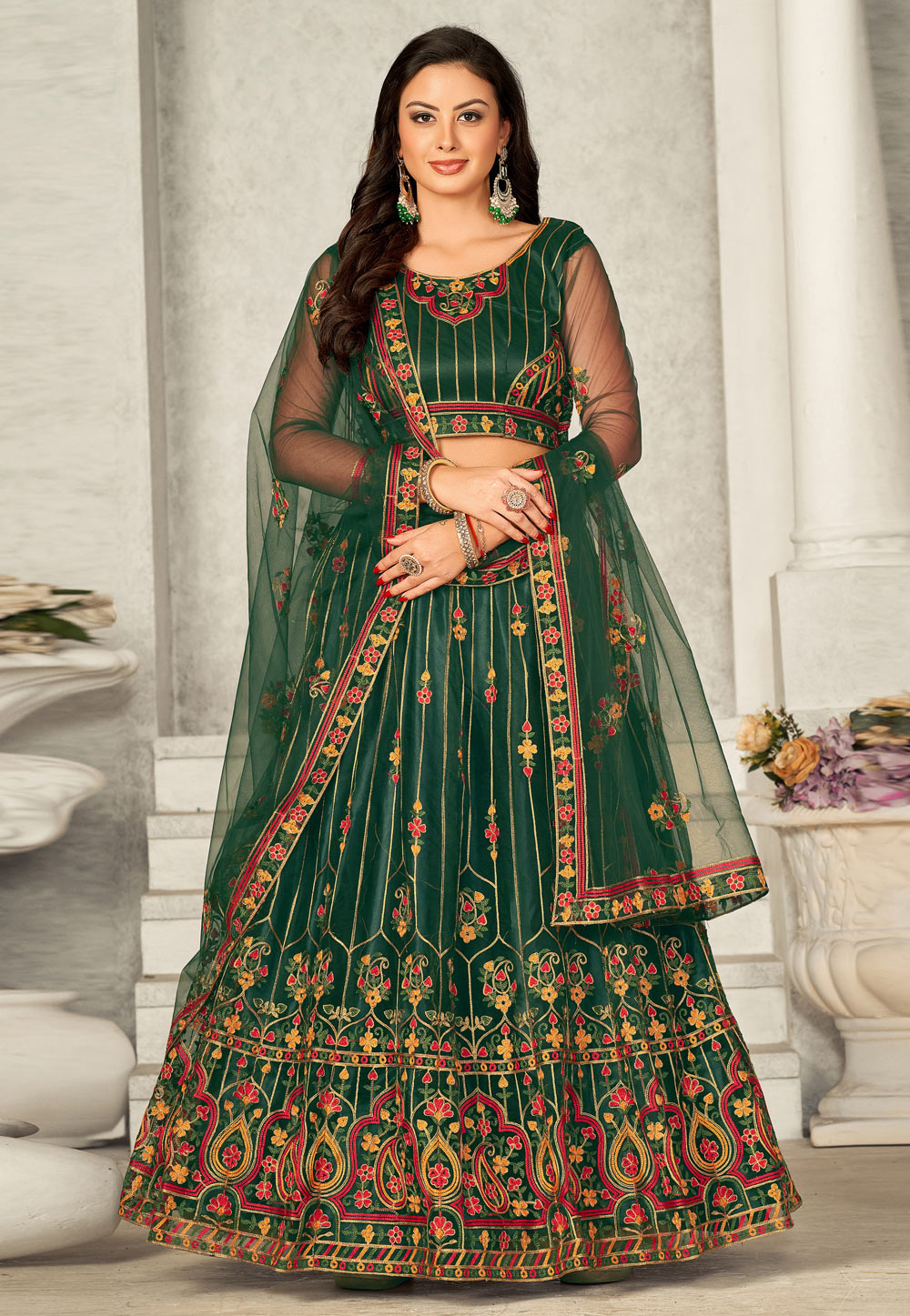 Green Net Lehenga Choli 275621