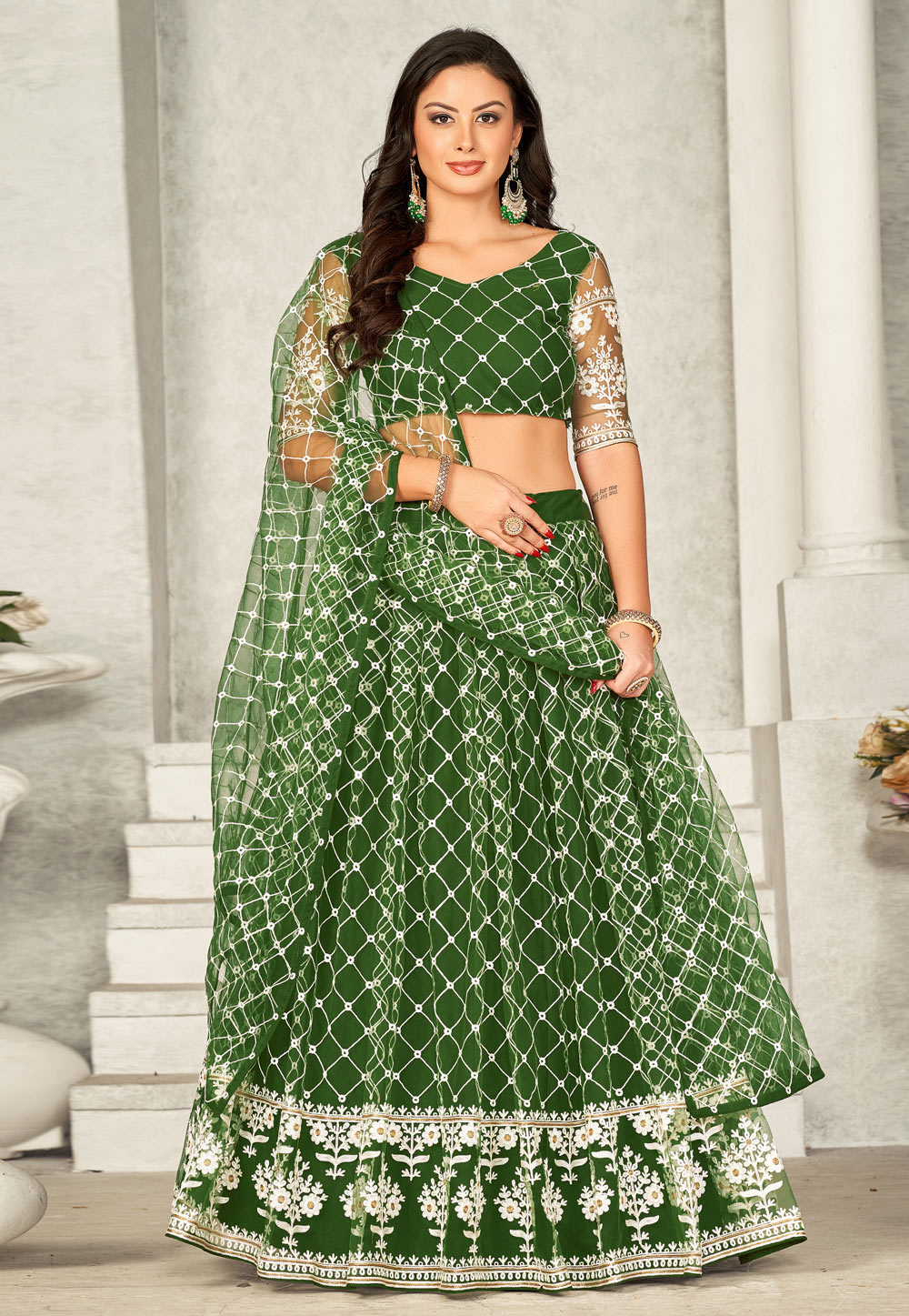 Green Net Circular Lehenga Choli 275622