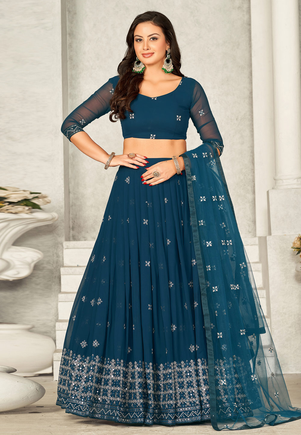 Teal Georgette Circular Lehenga Choli 275609
