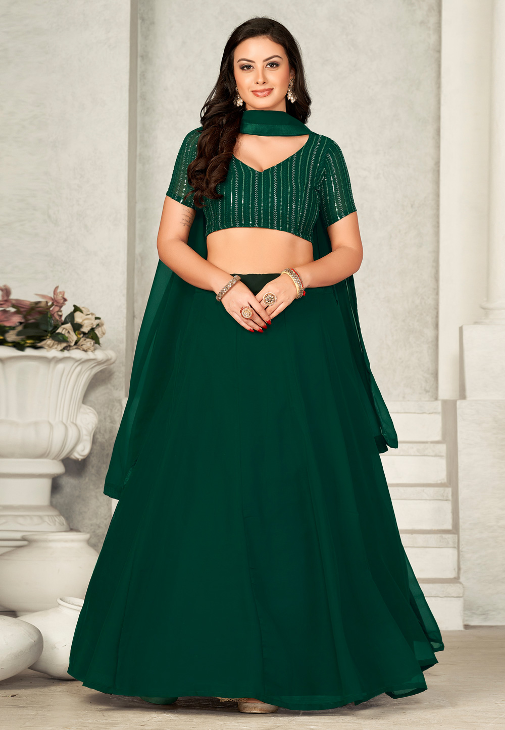 Green Georgette A Line Lehenga Choli 275610