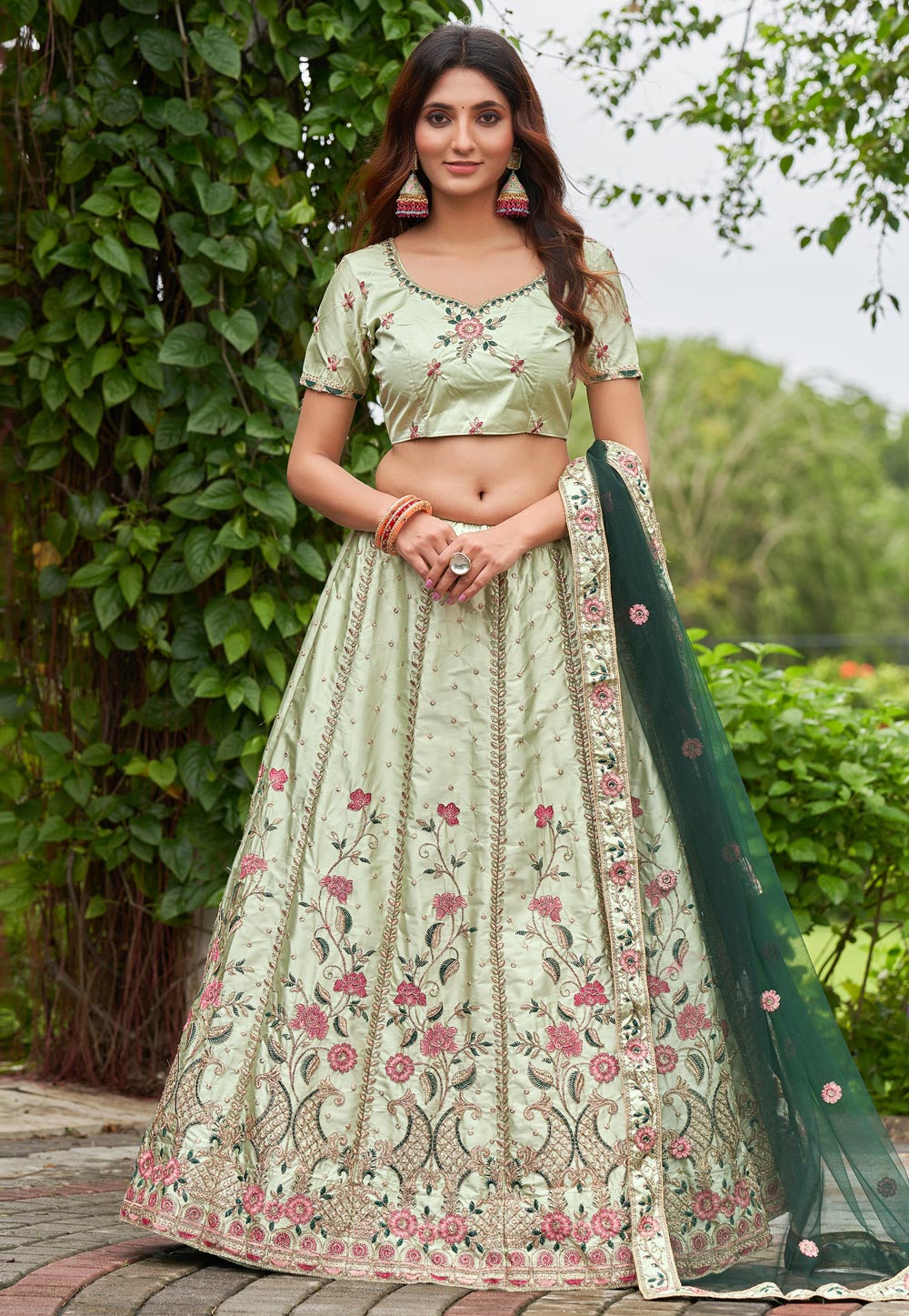 Pista Green Satin Silk Circular Lehenga Choli 275613