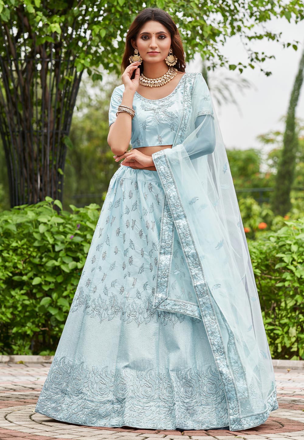 Sky Blue Satin Silk Lehenga Choli 275614