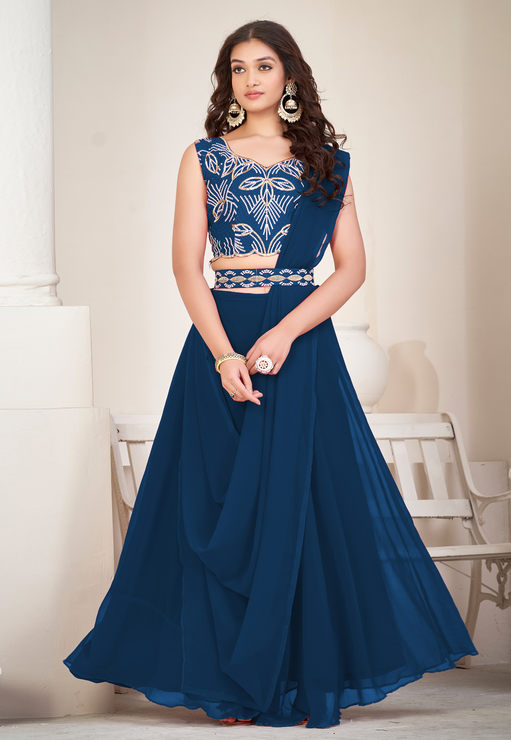Navy Blue Georgette A Line Lehenga Choli 275599