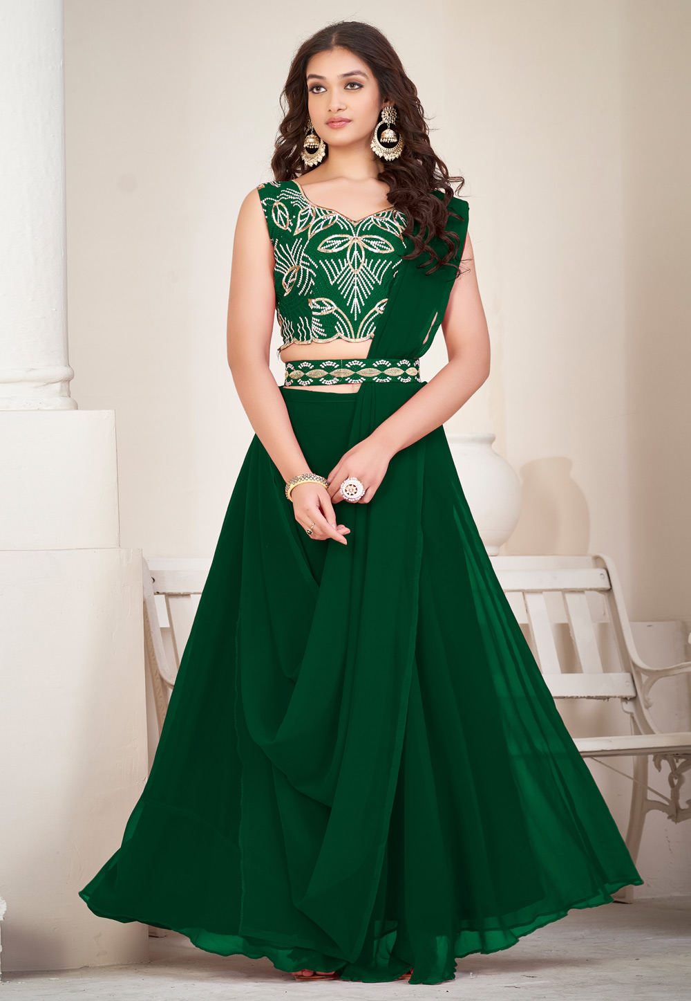 Green Georgette A Line Lehenga Choli 275601