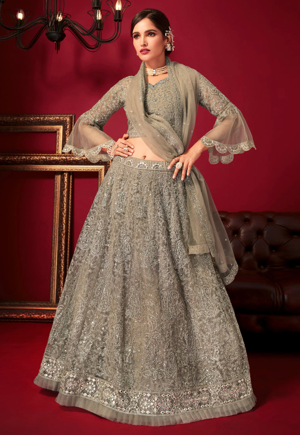 Grey Net Circular Lehenga Choli 277182