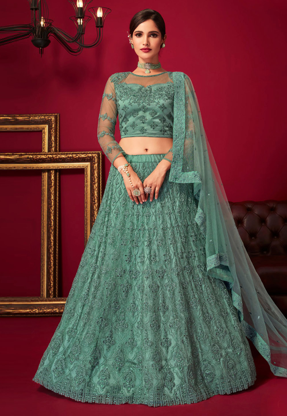 Sea Green Net Lehenga Choli 277183