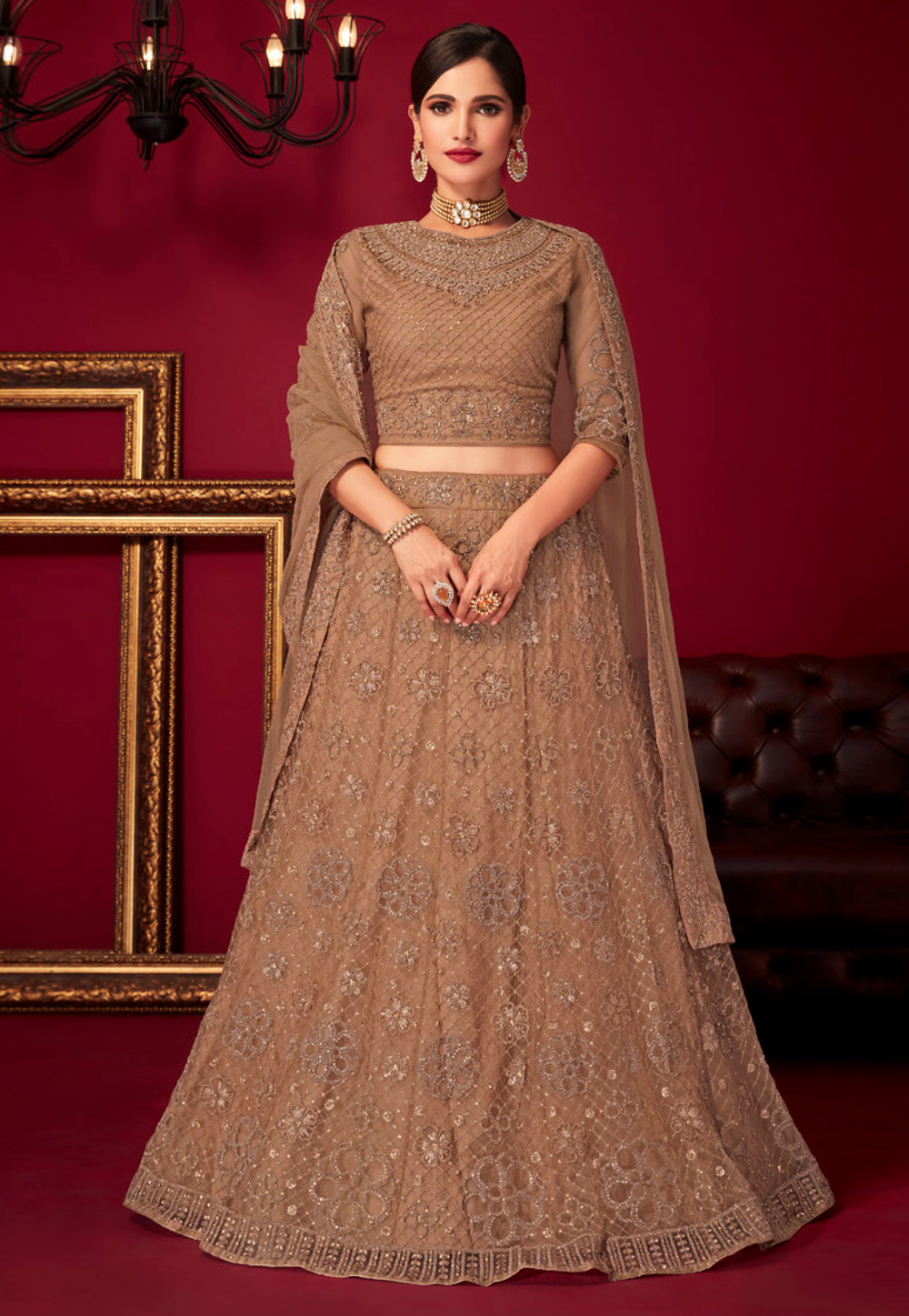 Peach Net A Line Lehenga Choli 277184