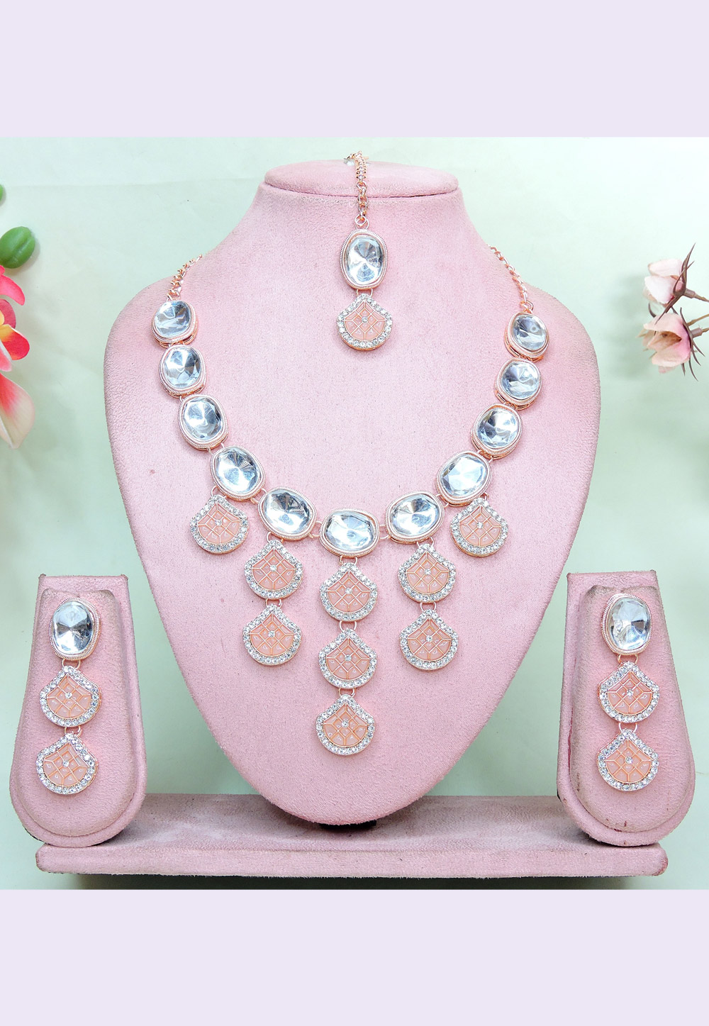 Peach Alloy Necklace Set With Earrings and Maang Tikka 312437