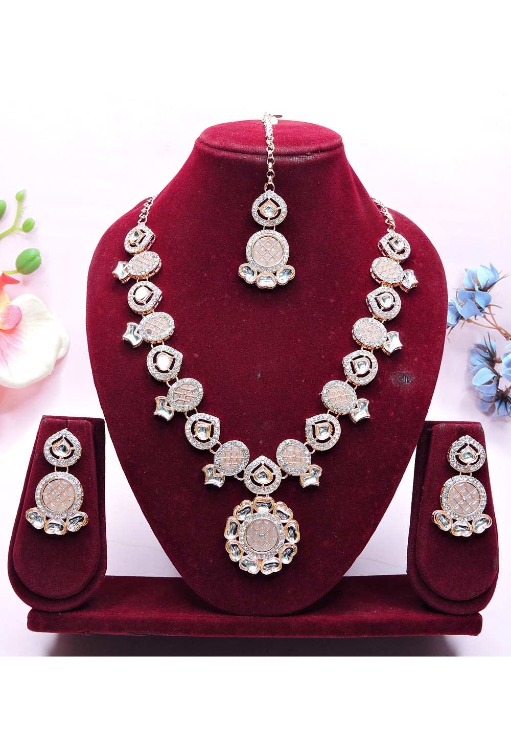 Peach Alloy Necklace Set With Earrings and Maang Tikka 312752
