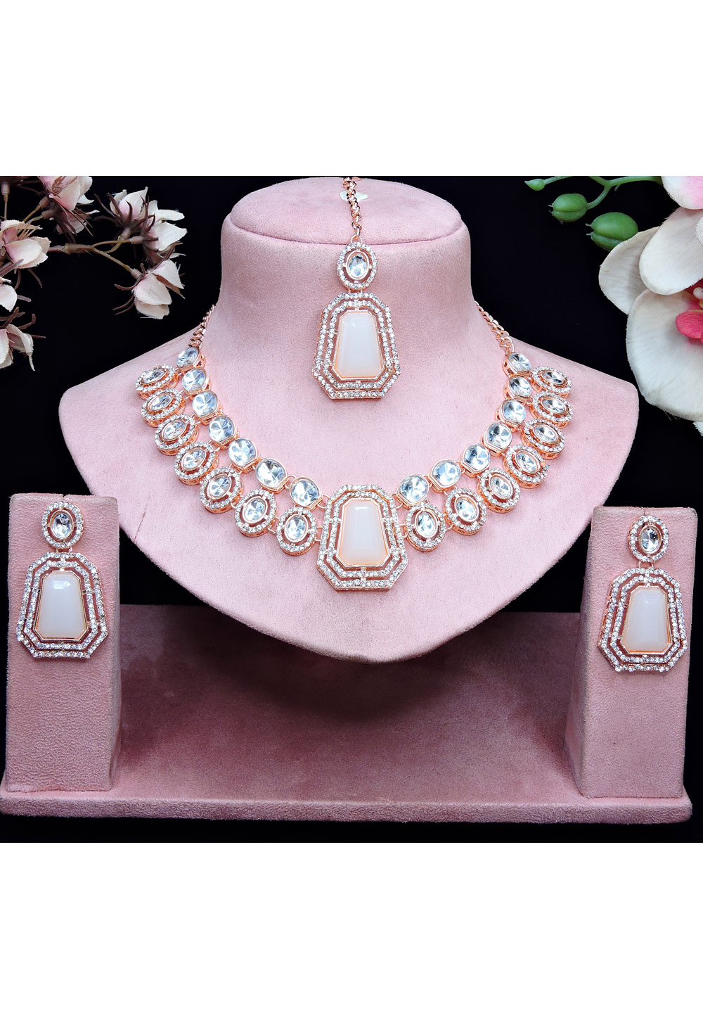 Peach Alloy Necklace Set With Earrings and Maang Tikka 329852