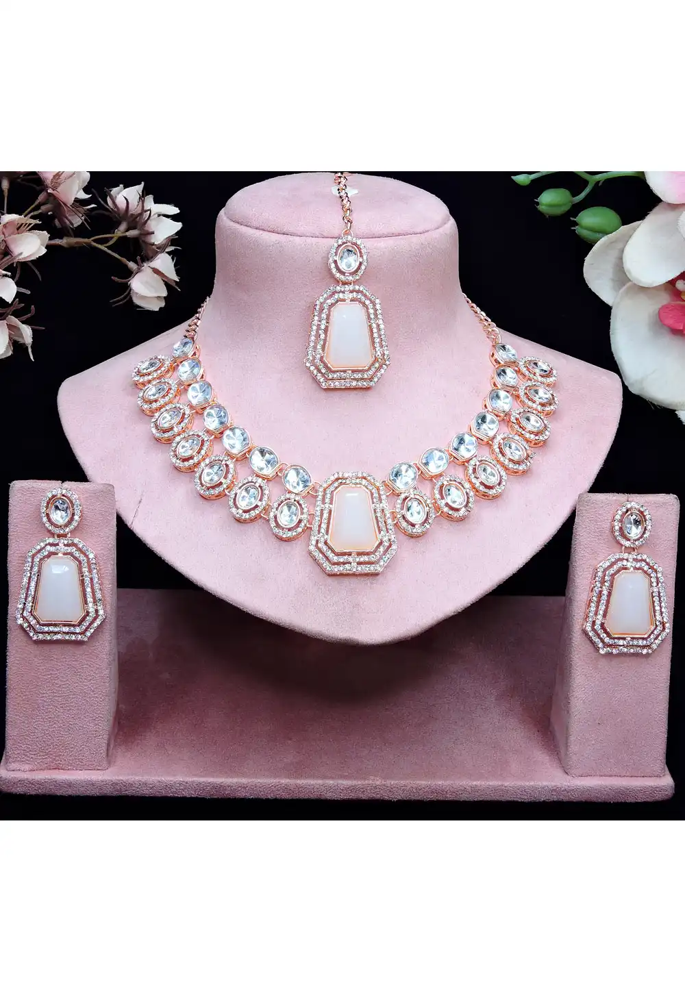 Peach Alloy Necklace Set With Earrings and Maang Tikka 329852