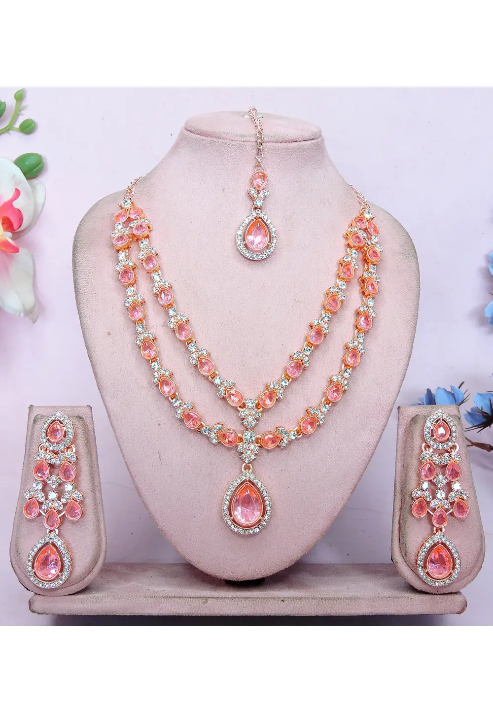 Peach Alloy Necklace Set With Earrings and Maang Tikka 336736