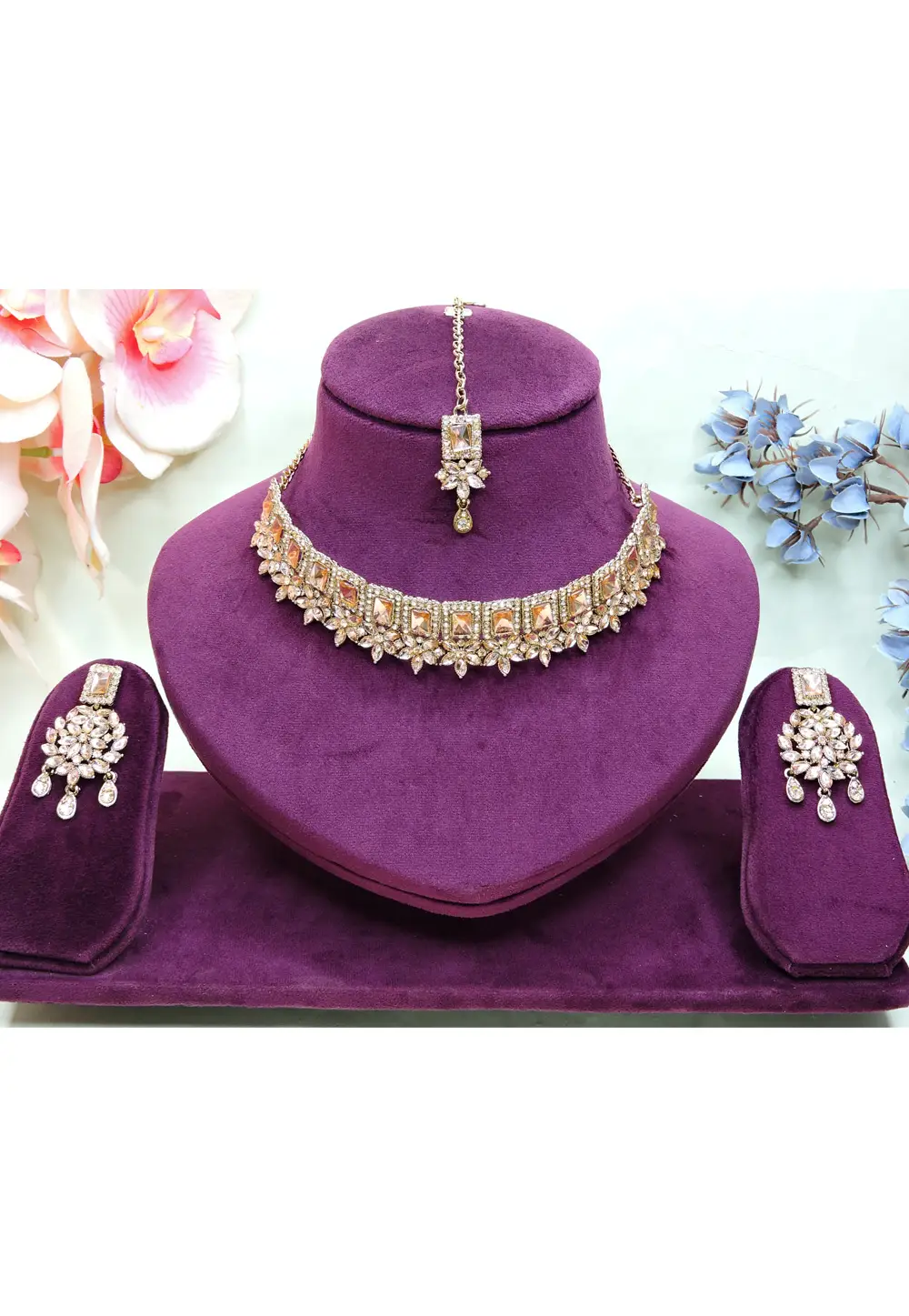 Peach Alloy Necklace Set With Earrings and Maang Tikka 337084