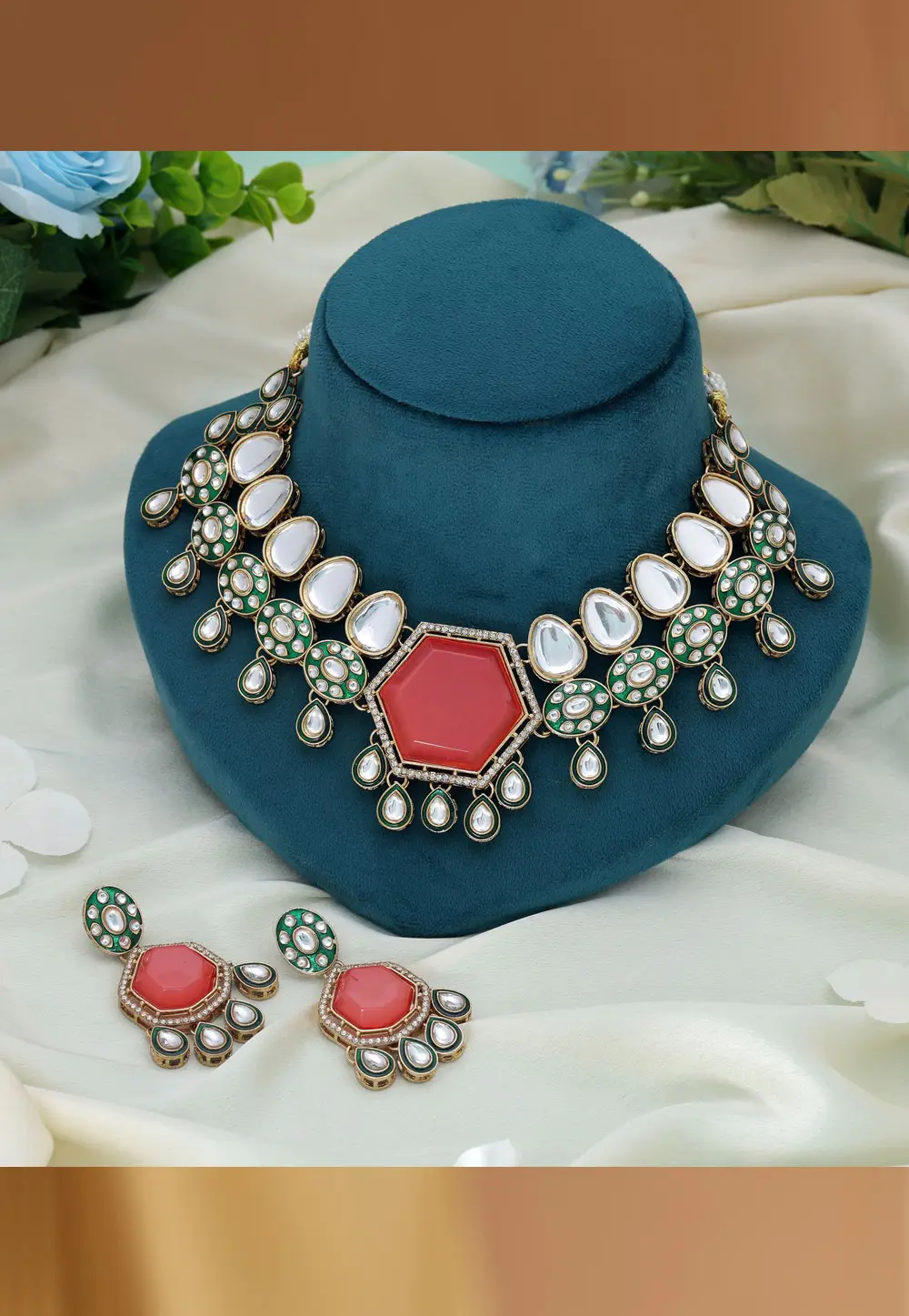 Peach Alloy Necklace With Earrings 332190