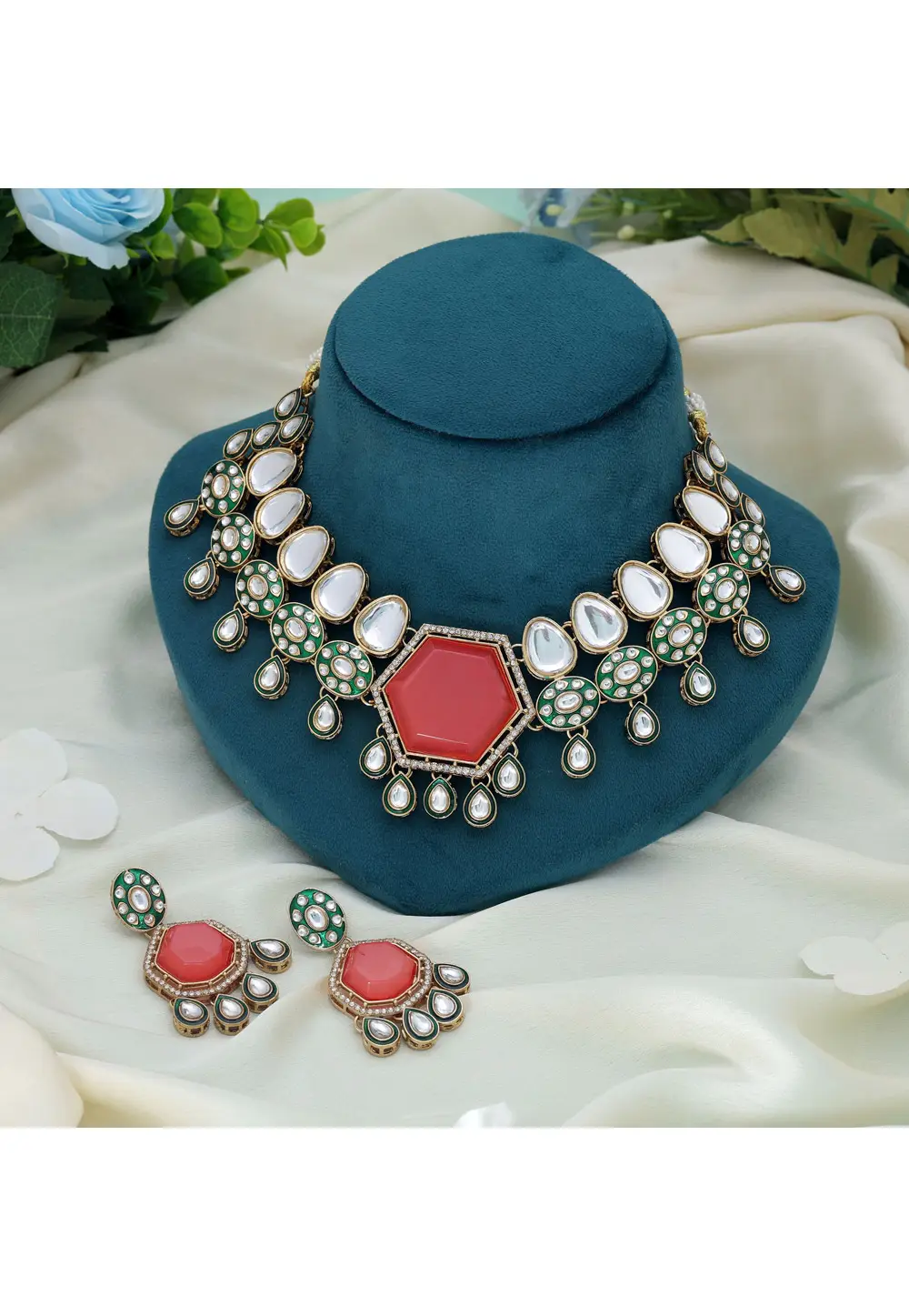 Peach Alloy Necklace With Earrings 333744
