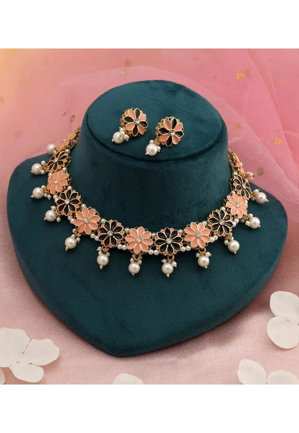 Peach Alloy Necklace With Earrings 336691