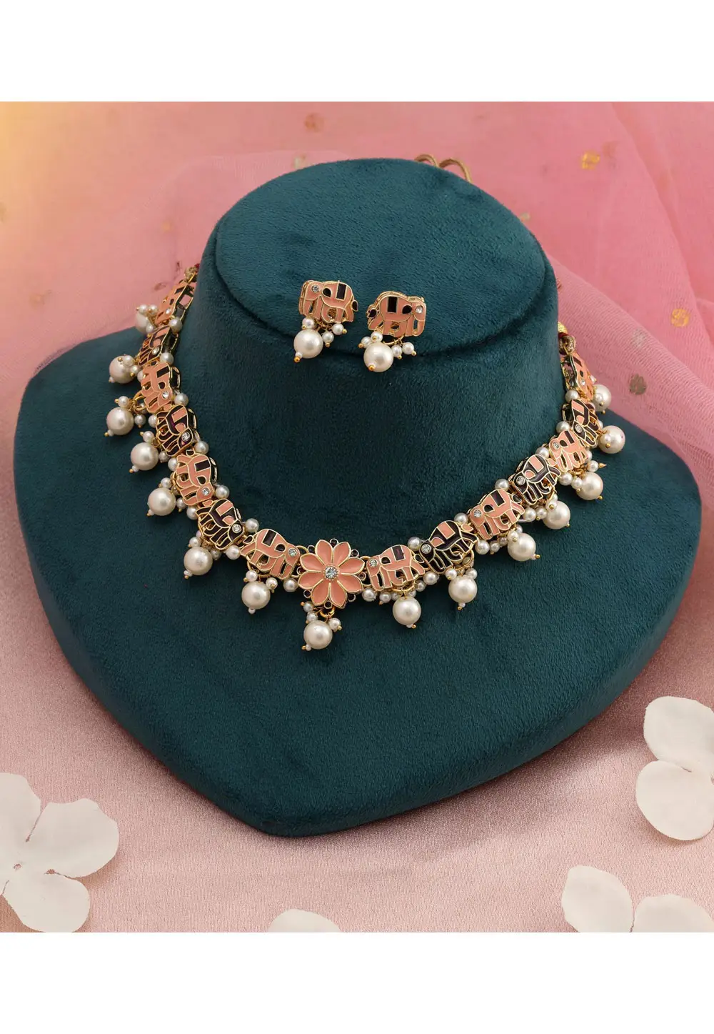 Peach Alloy Necklace With Earrings 336694