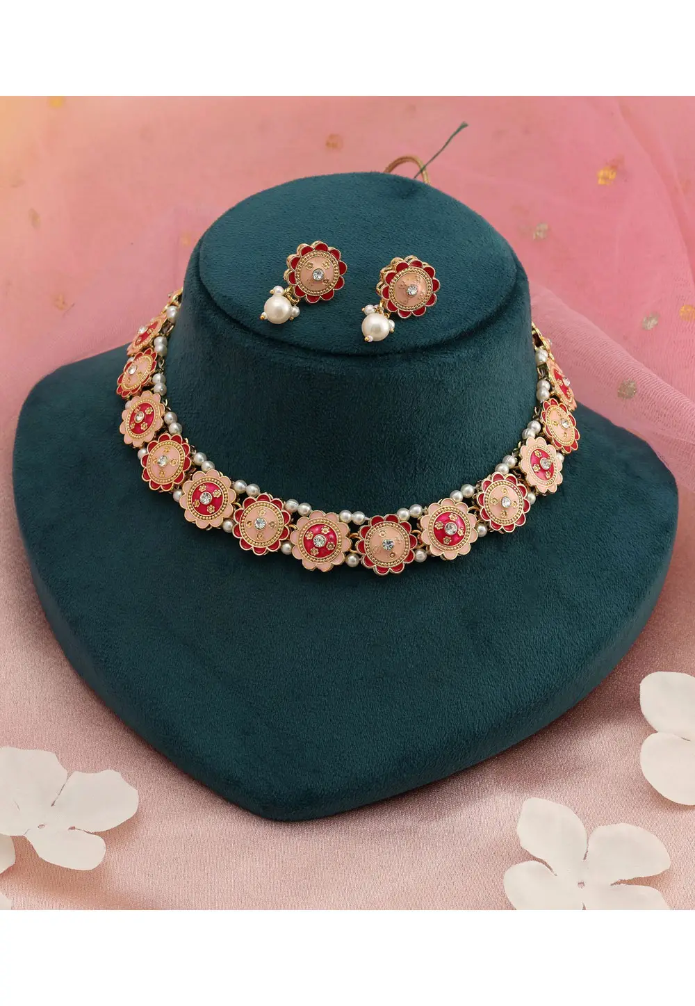 Peach Alloy Necklace With Earrings 336695