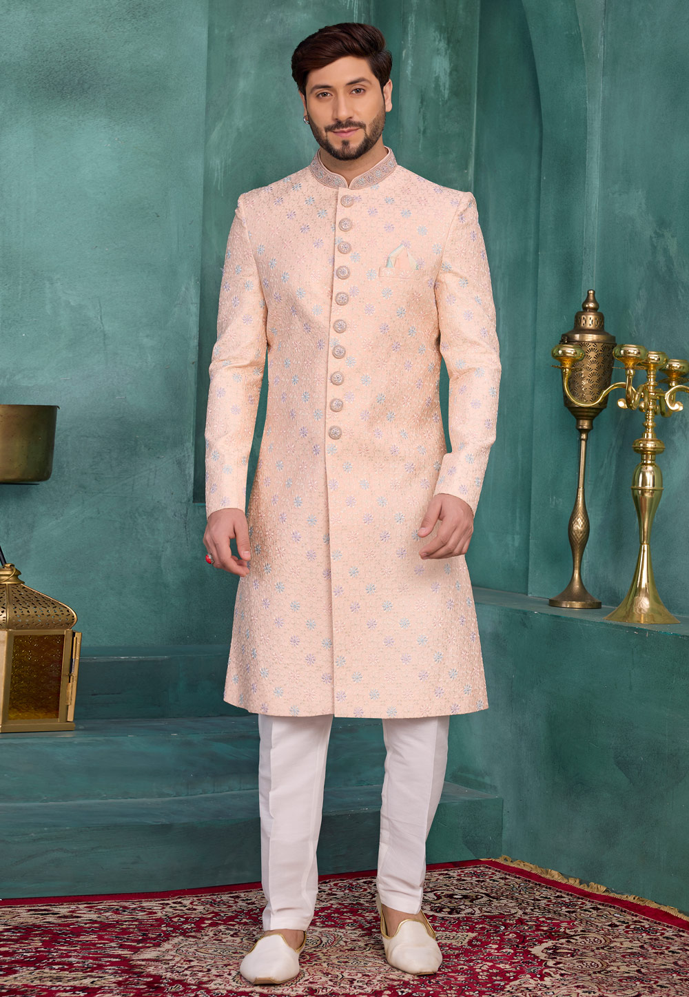 Peach Art Silk Achkan Style Sherwani 327052
